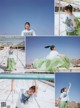 A collage of photos of a woman in a white shirt and green skirt.