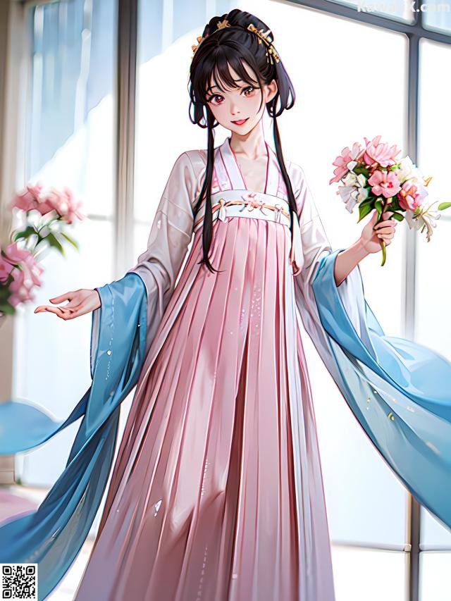 A woman in a pink dress holding a bouquet of flowers.