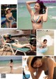 A collage of photos of a woman in a bikini and hat.