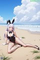 A woman in a bunny suit sitting on a beach.