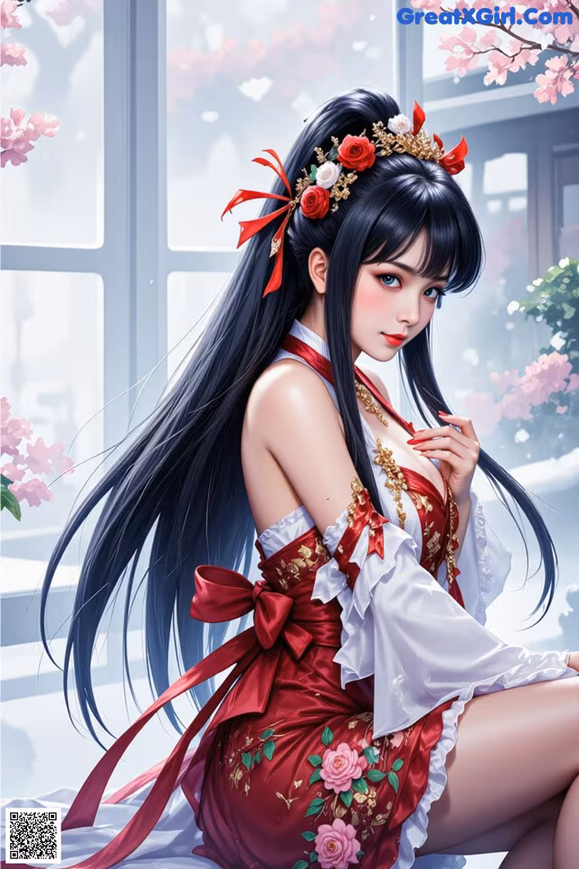 A woman in a red and white dress sitting on a window sill.