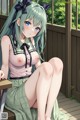 A girl with long green hair sitting on a wooden deck.