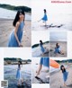 A collage of photos of a woman in a blue dress on the beach.